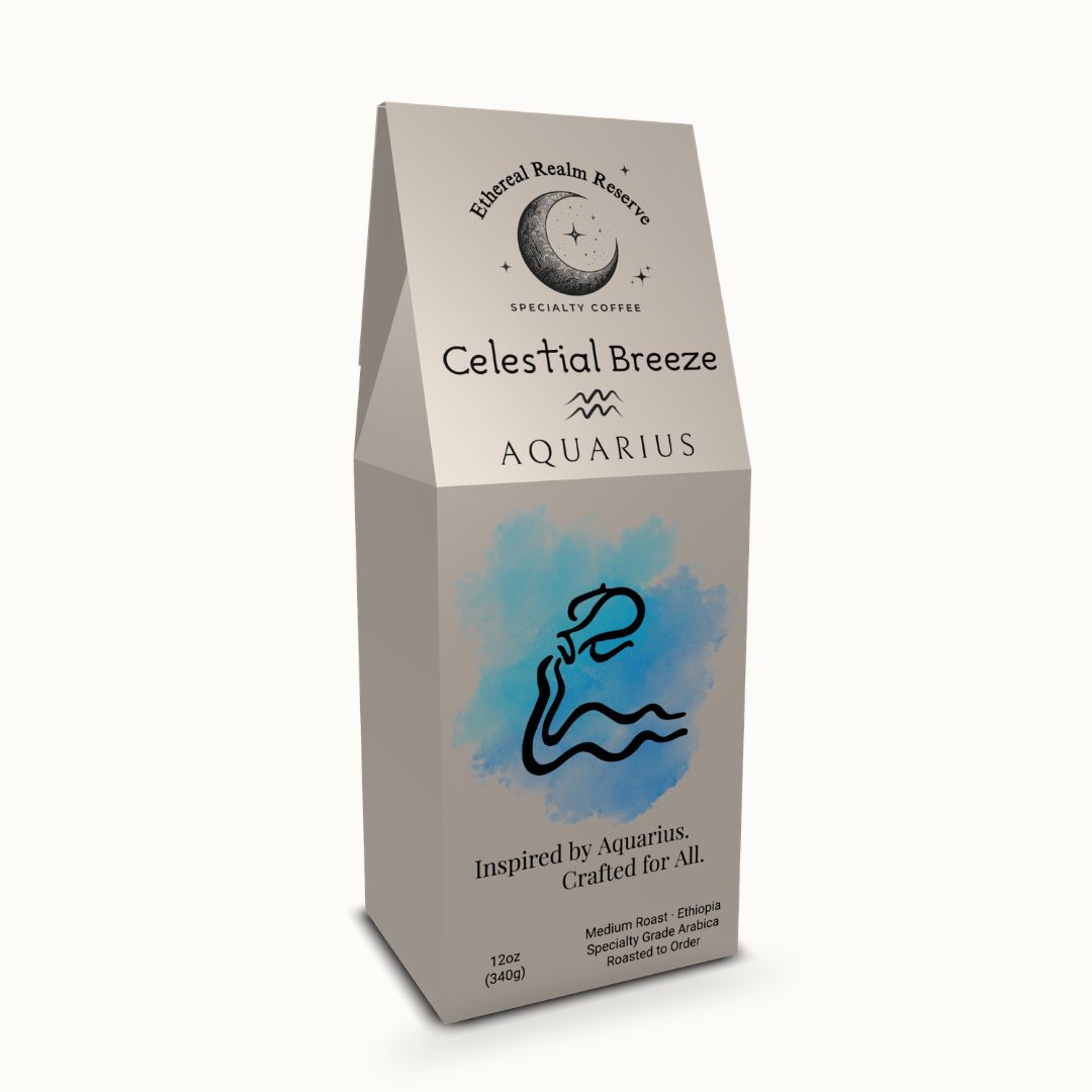 Aquarius coffee – Celestial Breeze blend, Aura packaging by Ethereal Realm Reserve 
