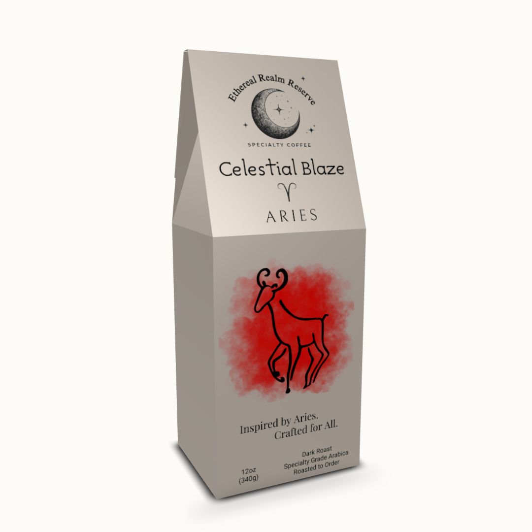 Aries coffee – Celestial Blaze blend, Aura packaging by Ethereal Realm Reserve 