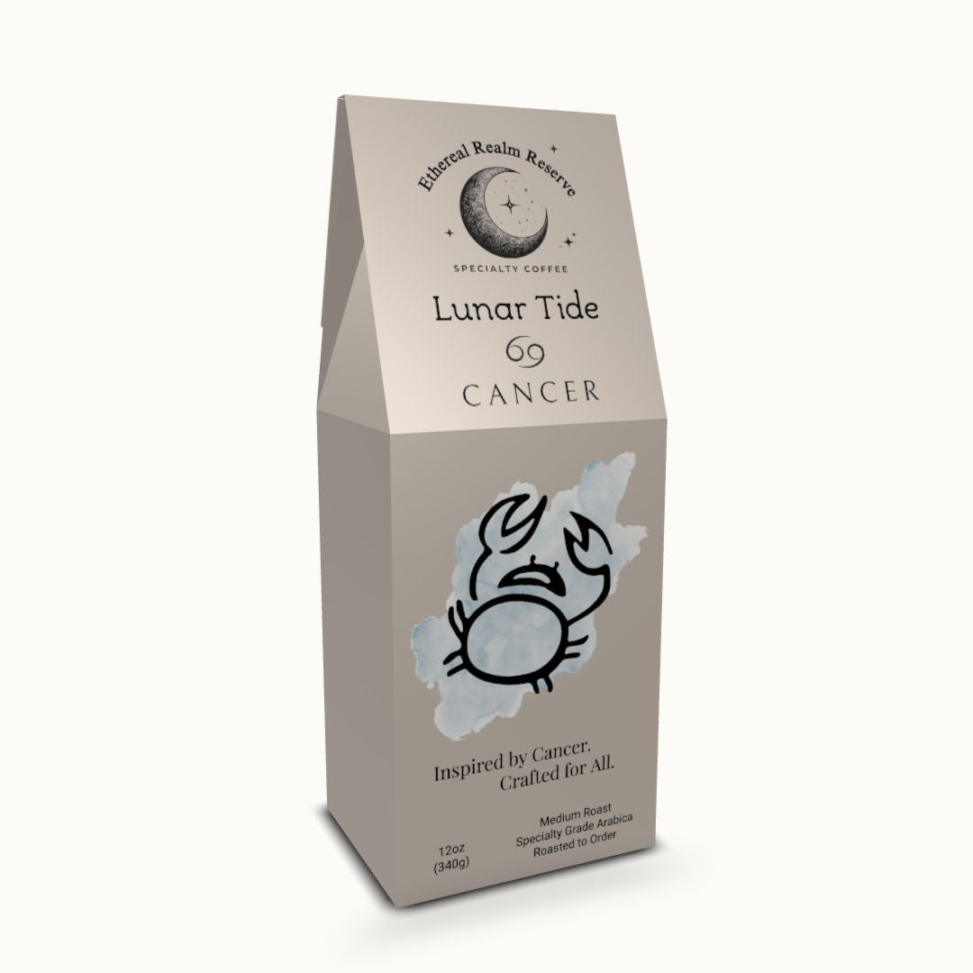 Cancer coffee – Lunar Tide blend, Aura packaging by Ethereal Realm Reserve 