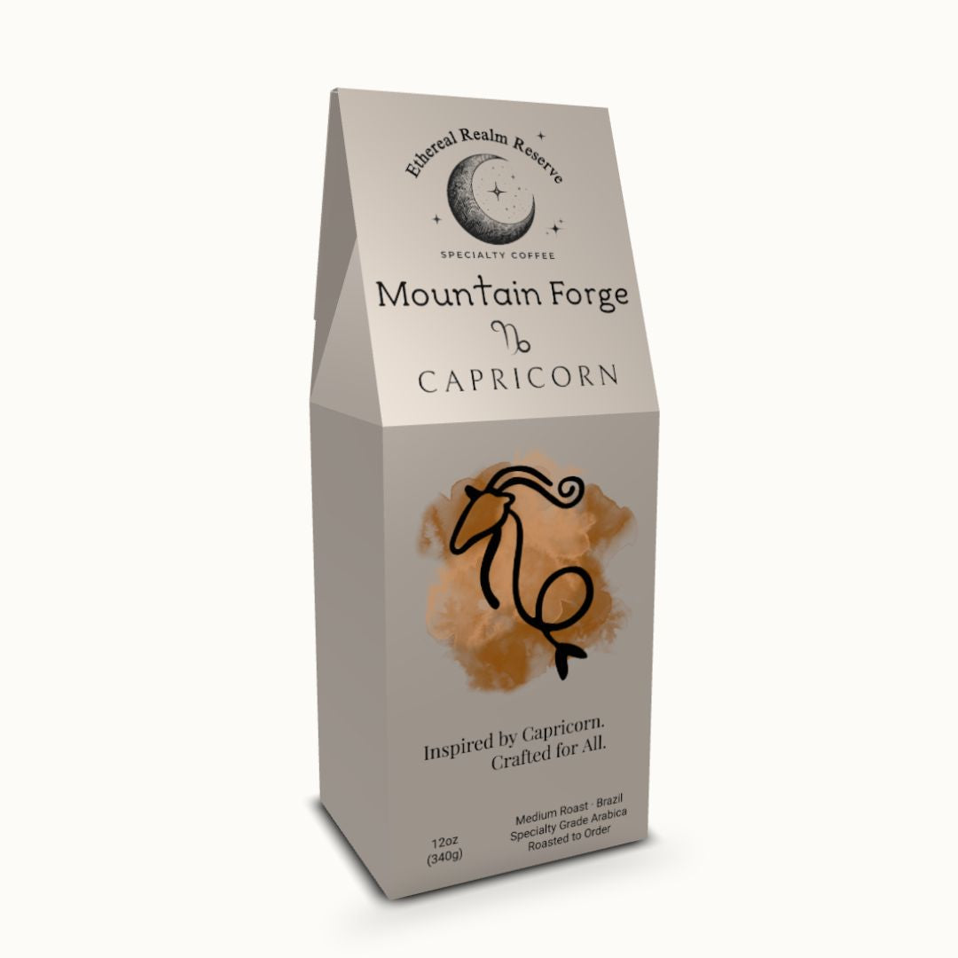 Capricorn coffee – Mountain Forge blend, Aura packaging by Ethereal Realm Reserve 