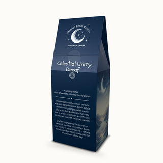 Decaf coffee – Celestial Unity blend with tasting notes on packaging by Ethereal Realm Reserve