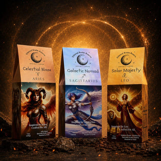 Zodiac Angels Fire Signs Coffee Bundle featuring Aries Celestial Blaze, Leo Solar Majesty, and Sagittarius Galactic Nomad specialty-grade zodiac coffees from Ethereal Realm Reserve.