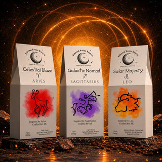 Zodiac Aura Fire Signs Coffee Bundle featuring Aries Celestial Blaze, Leo Solar Majesty, and Sagittarius Galactic Nomad specialty-grade zodiac coffees from Ethereal Realm Reserve.