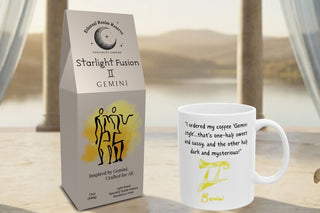 Gemini Starlight Fusion coffee with Gemini Watercolor zodiac coffee mug