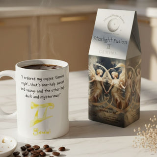 Gemini Starlight Fusion coffee with Gemini Watercolor Zodiac mug