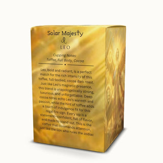 Leo coffee pods – Solar Majesty blend with tasting notes on packaging by Ethereal Realm Reserve 