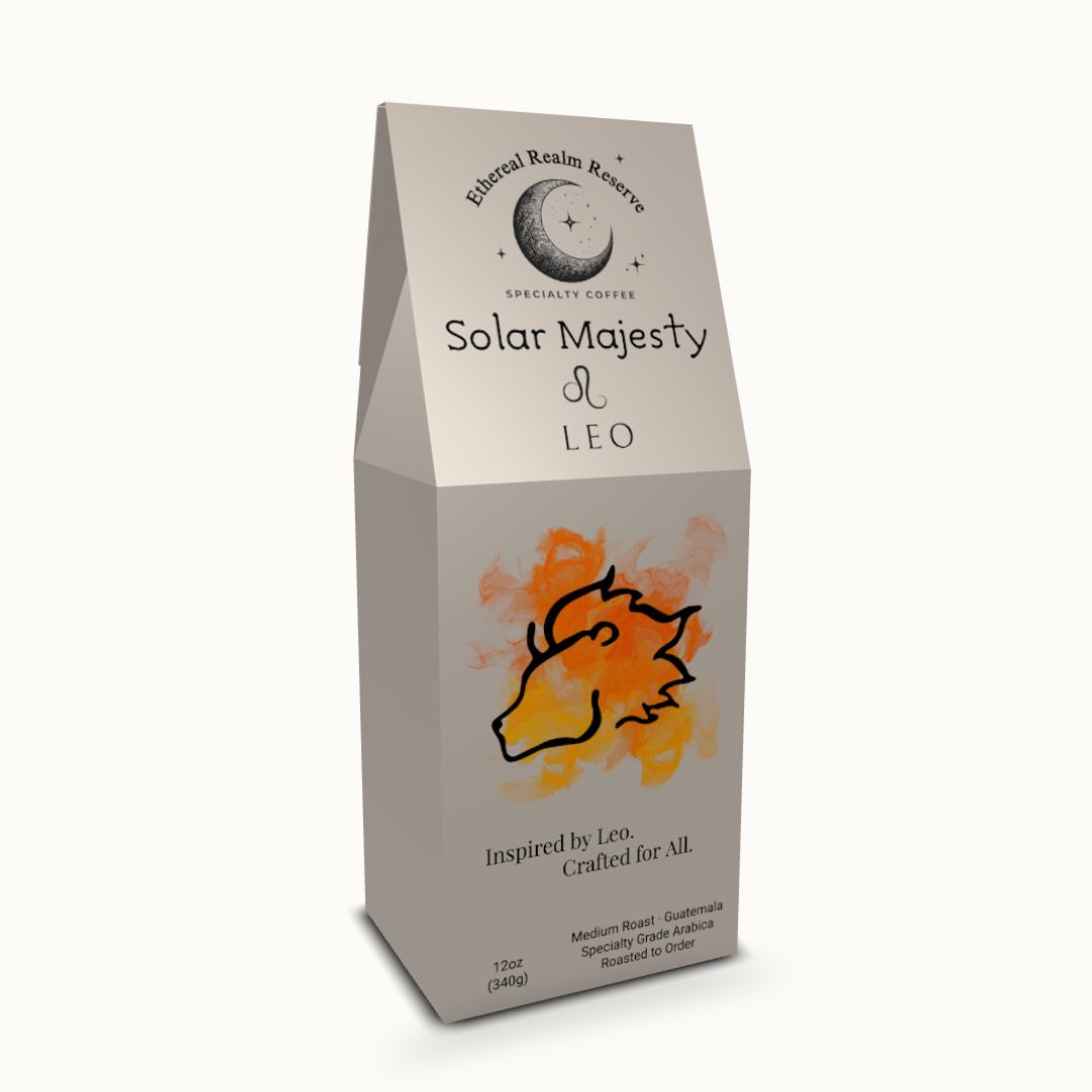 Leo coffee – Solar Majesty blend, Aura packaging by Ethereal Realm Reserve 