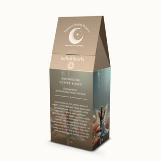 Mushroom coffee - Astral Roots with Lion’s Mane and Chaga with tasting notes on packaging by Ethereal Realm Reserve