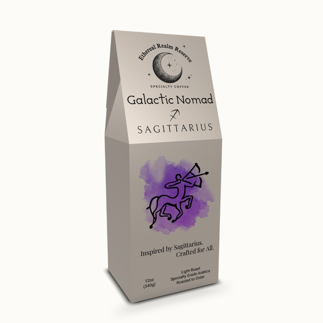 Sagittarius coffee – Galactic Nomad blend, Aura packaging by Ethereal Realm Reserve 