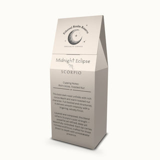 Scorpio coffee – Midnight Eclipse blend, Aura back label by Ethereal Realm Reserve