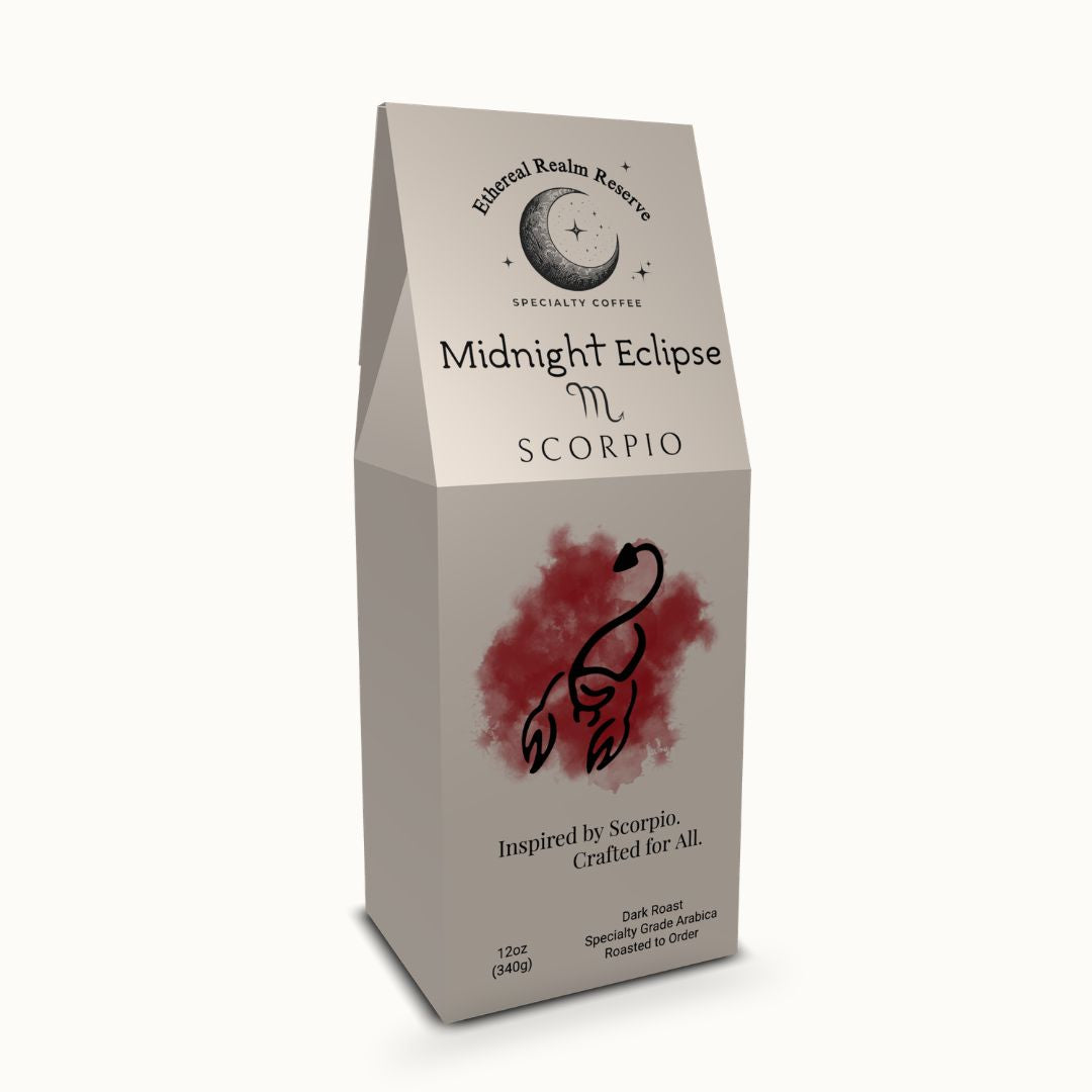 Scorpio coffee – Midnight Eclipse blend, Aura packaging by Ethereal Realm Reserve 