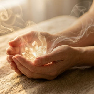 Hands holding a glowing crystal with soft smoke and warm lighting