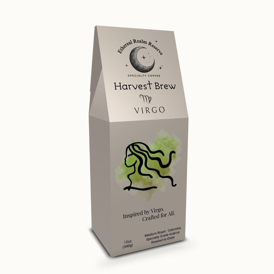Virgo coffee – Harvest Brew blend, Aura packaging by Ethereal Realm Reserve 